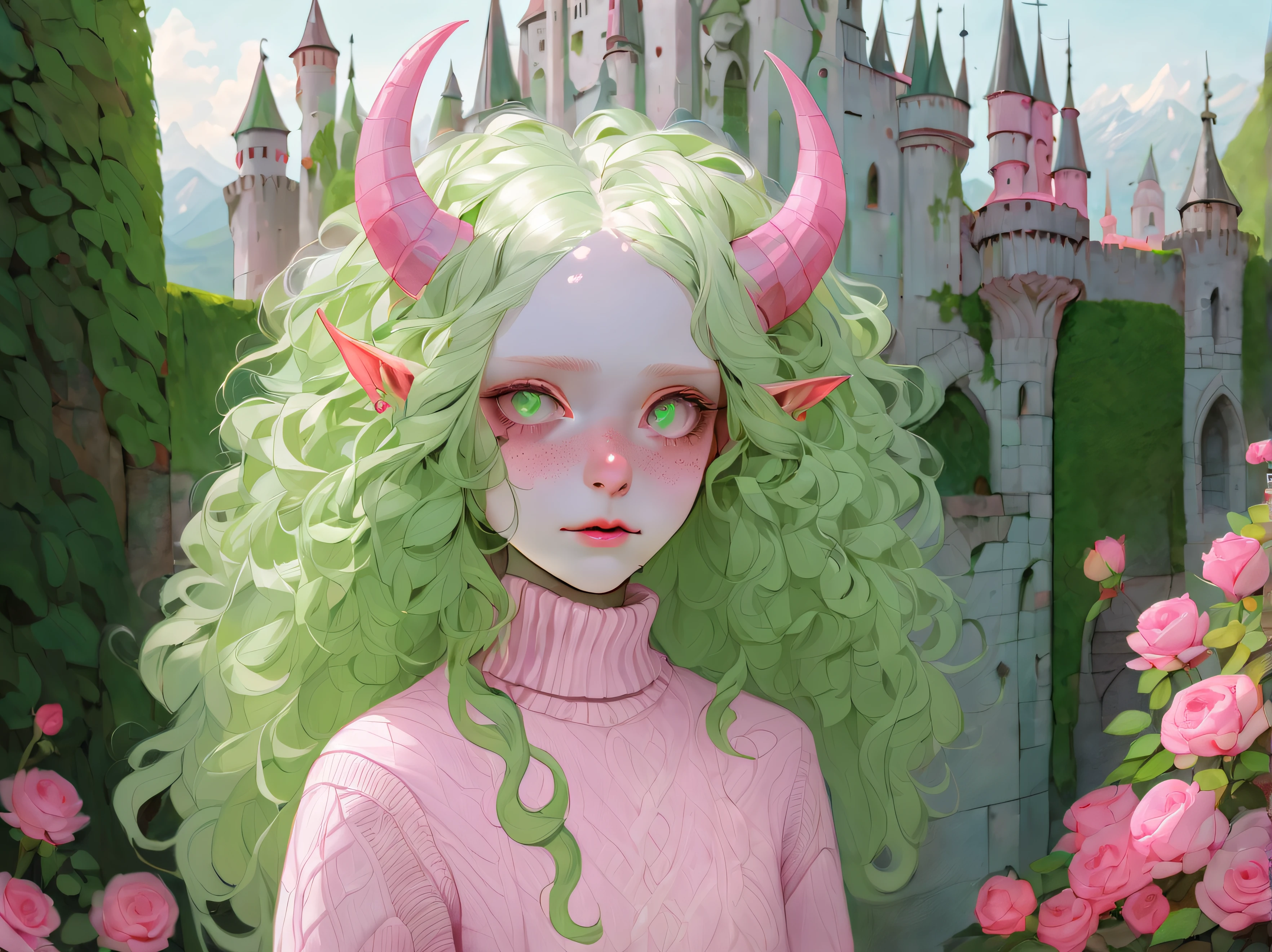 Albino demon girl standing, shot from afar, (largeeyes, Eyes are delicate and beautiful, Beautiful and delicate face, Details on the face), ( Green curls:1.3) , Walk through pink rose bushes and the castle in the distance, Pink turtleneck sweater with tulle skirt, Braces, chewing gum , winking ,(long and complex horns:1.2) Sneakers with socks, rainbow journey