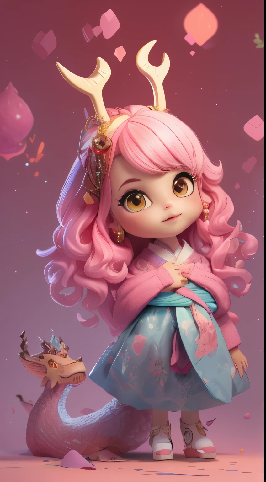 chibi, masterpiece, best quality, original, official art,full body,A cute Chinese dragon, antlers, two hands,Pink dragon scales, standing, anthropomorphic,   beautiful light, surreal,blurred background,,cartoon rendering,bright light,