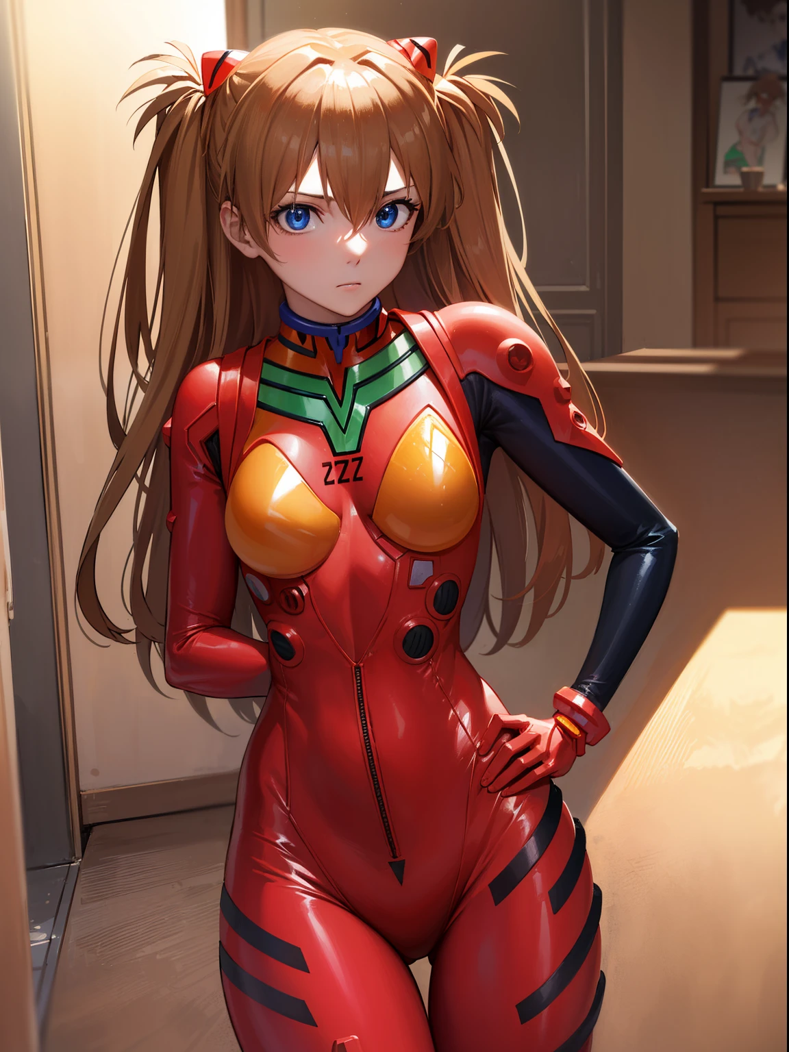 asukalangley, Asuka Langley Soryu, (Souryu Asuka Langley:1.5), Blue eyes, hair between eye, Headgear, Interface headset, Orange hair, two side up,
Blake Bodysuit, Long sleeves, plugsuit, Red bodysuit,
Break indoors, crass room,
BREAK looking at viewer, (Cowboy Shot:1.5),
BREAK (masutepiece:1.2), Best Quality, High resolution, Unity 8k Wallpaper, (Illustration:0.8), (Beautiful detailed eyes:1.6), extra detailed face, Perfect Lighting, extremely details CG, (Perfect hands, Perfect Anatomy),