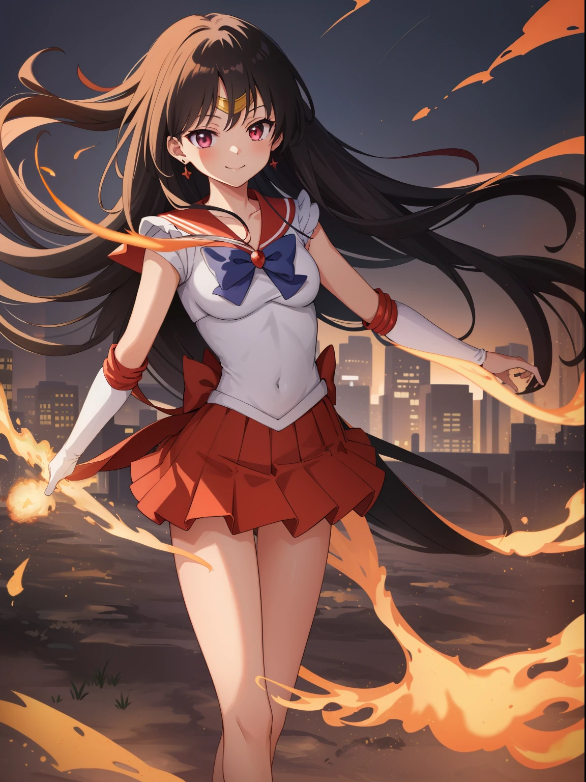 masutepiece, Best Quality, absurderes, perfect anatomia, 1girl in, Solo, SMmars, Very long hair, Parted bangs, Sailor Senshi Uniform, Red sailor collar, Red skirt, elbow groves, Standing, Cowboy Shot, Smile,[Cartoon flame on background],((Night view,city lights background)),Dynamic Pose,