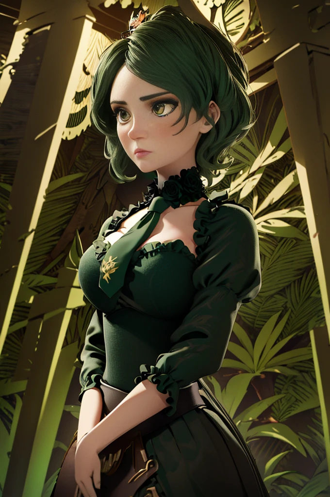 1girl, green theme, upper body, green hair, short hair, forehead, wavy hair, yellow eyes, detailed eyes, large breasts, black shirt, green necktie, puffy sleeves, long sleeves, frills, epaulettes, cape, (roses:1.2), (forest background:1.2), art nouveau, expressionless, looking down