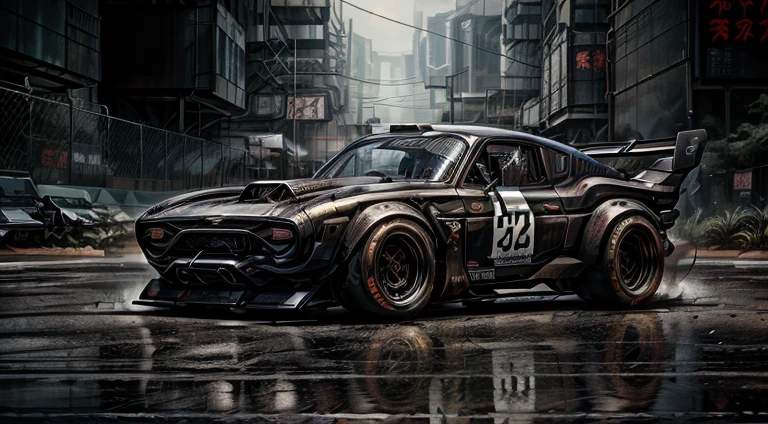 RSR Ford escort mk1, race track, hayabusa v8, grunge, neo cyberpunk style, hybrid design, custom wide body kit, carbon fibre rear wing,