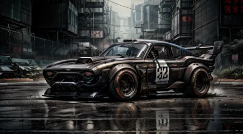 rsr ford escort mk1, race track, hayabusa v8, grunge, neo cyberpunk style, hybrid design, custom wide body kit, carbon fibre rea...