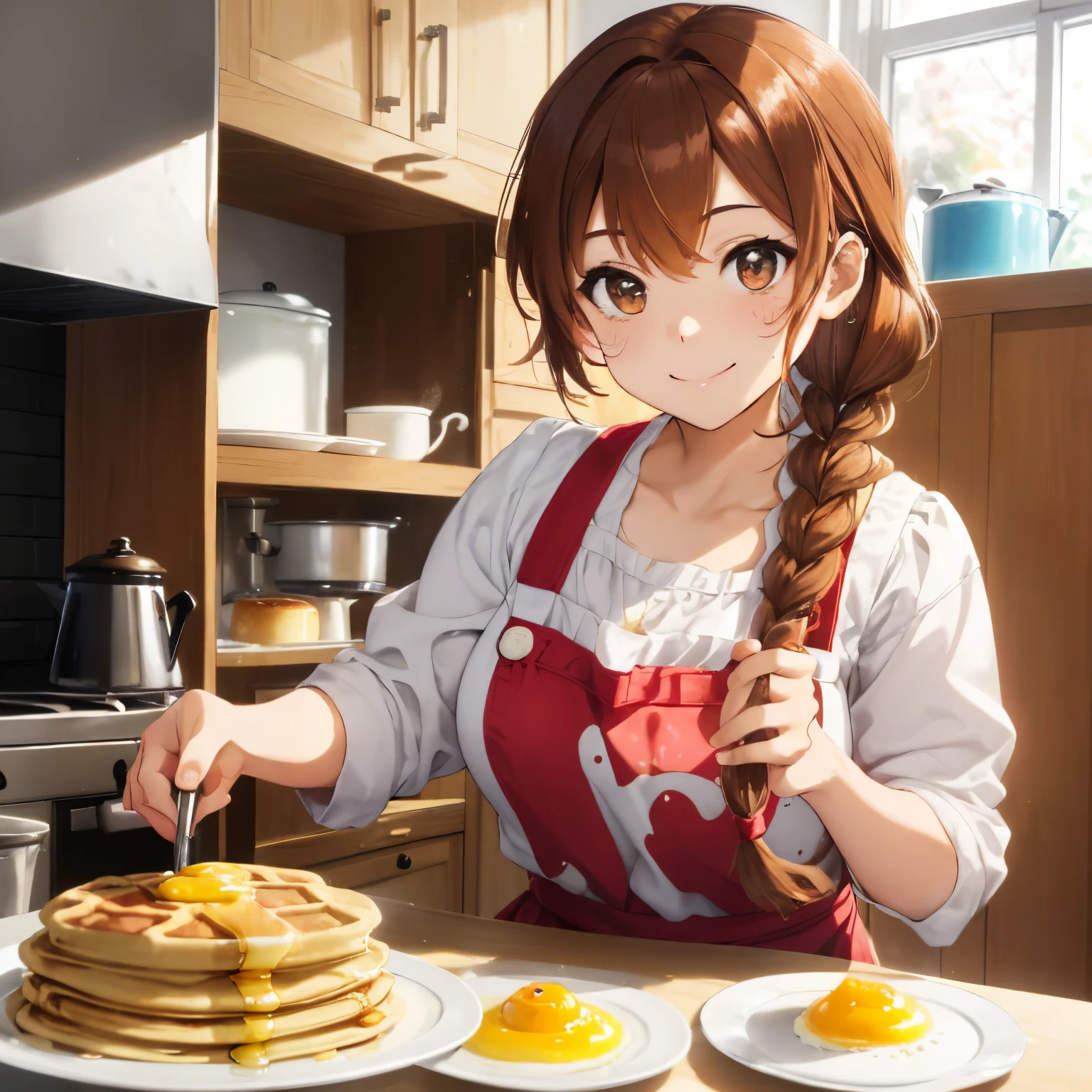 Colorful and cute home kitchen,(Ingredients for making sweets such as flour, eggs, and sugar),((waffles on a plate)),fluffy hair,brown haired,((Braided shorthair)),Slightly red tide,((Brown eyes)),(Ruffled apron),((I have white cream on my face and hands..)),(Tejepero),(Smile slightly),(Kamimei),((close up of face)),(In conditioning),Plenty of pancakes and waffles in a frying pan or hot plate