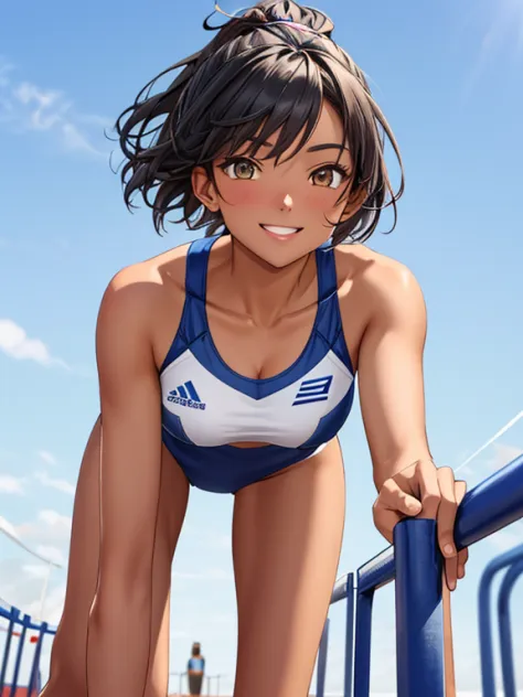 //character (1girl), track and field athlete, perfect body, tanned skin,  slim curve, medium large breast, ultra detailed face, ...