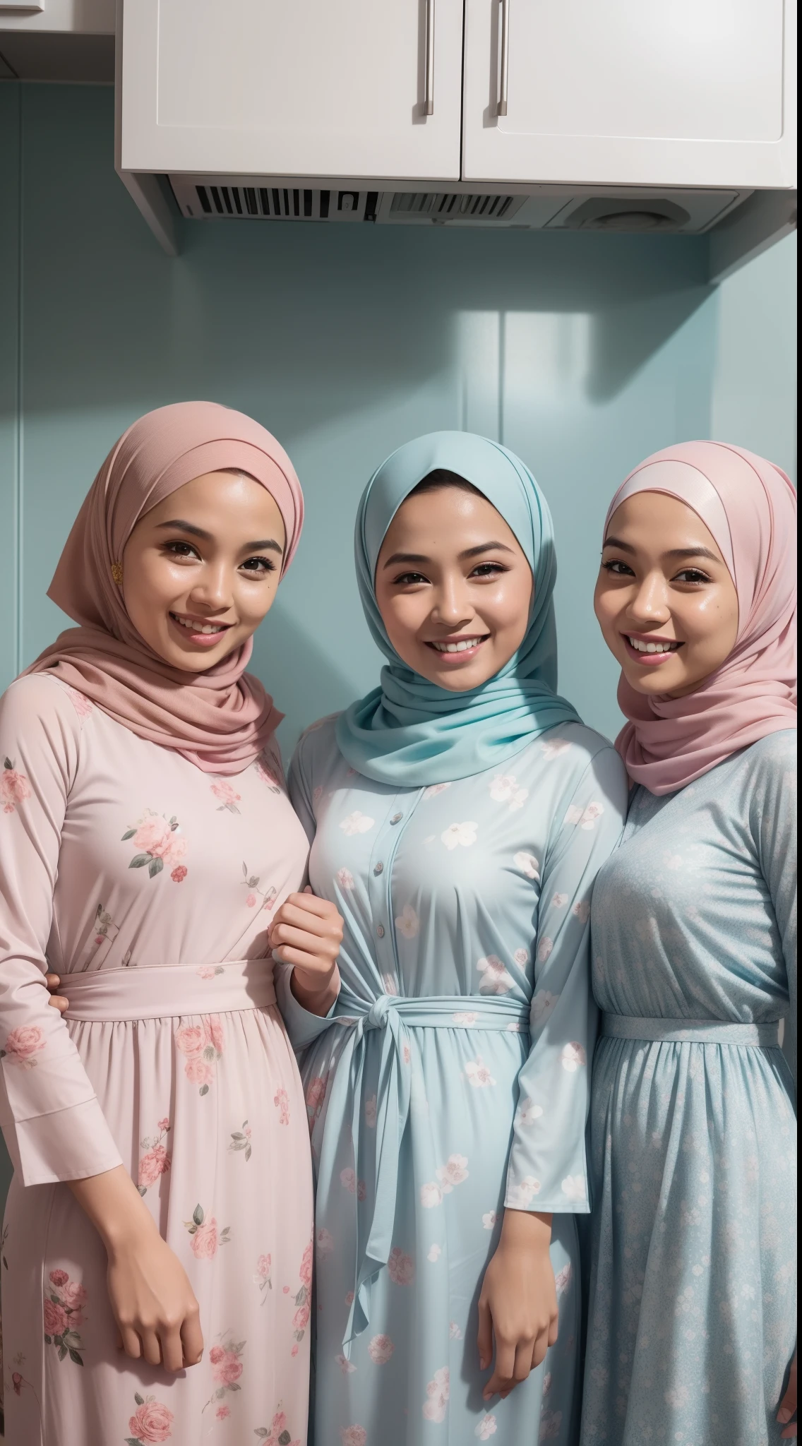 Three women in hijabs are standing in a kitchen - SeaArt AI