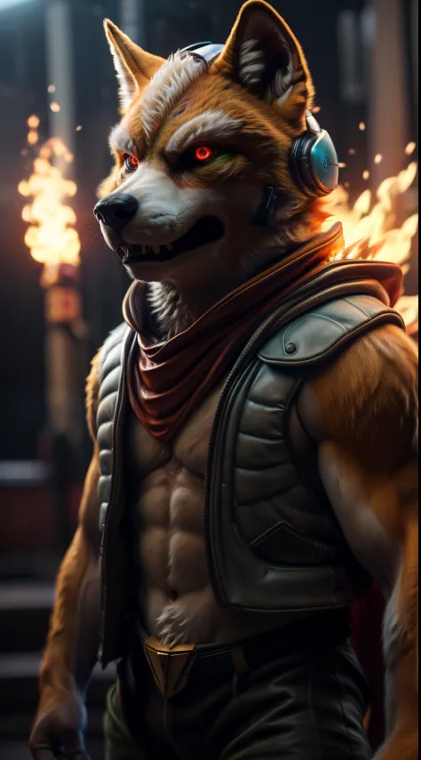 (best quality,16k,32k,highres,masterpiece:1.2),ultra-detailed,(realistic,photorealistic,photo-realistic:1.37),(The ultimate Orochi Fox Mccloud) glowing red eyes realistic fire background of totally destroyed Japan alone looking at the camera serious expression brave and confident wearing a red hood cape