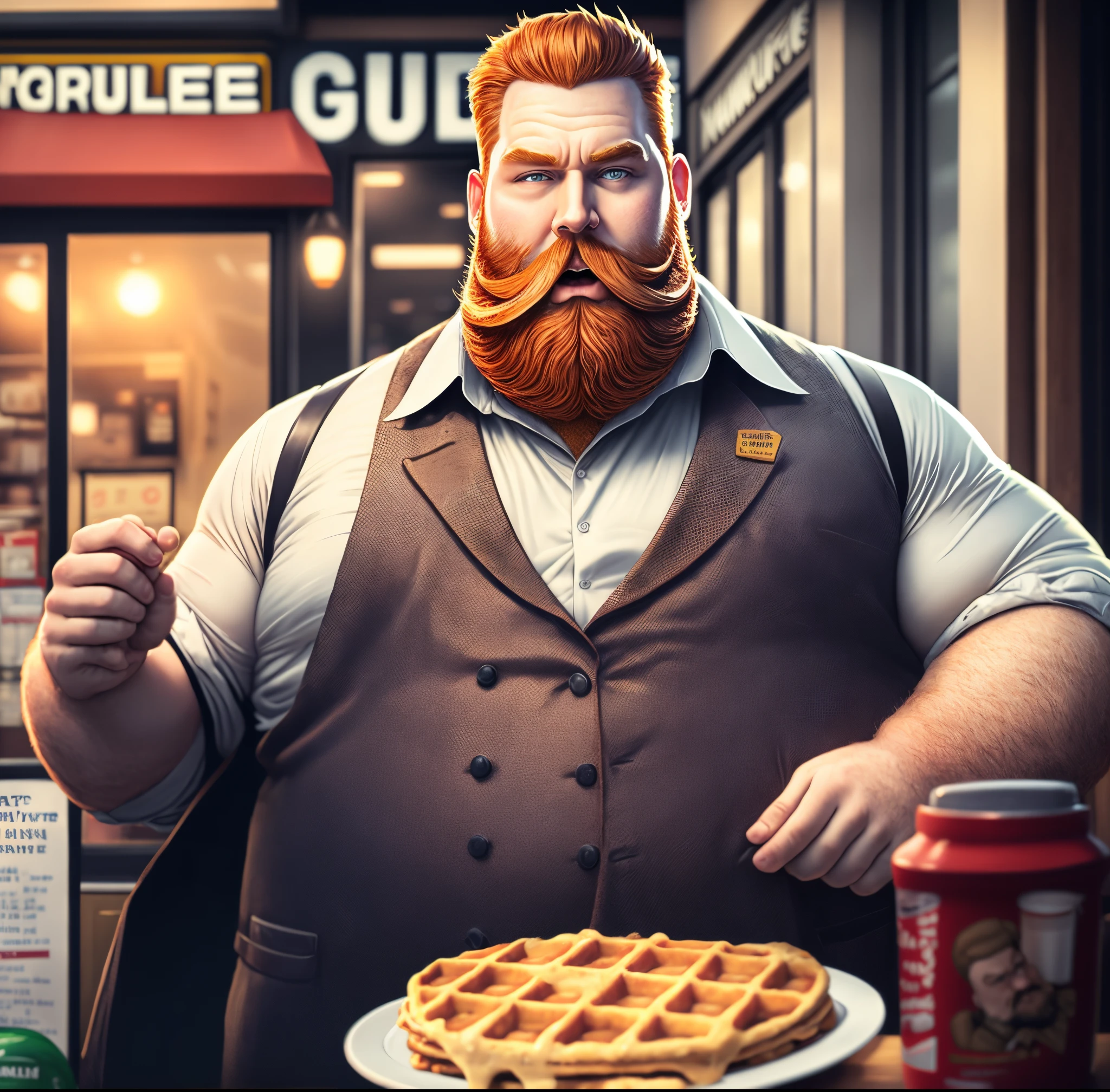 Arafulee guy with a beard and a mustache standing in front of a waffle shop  - SeaArt AI