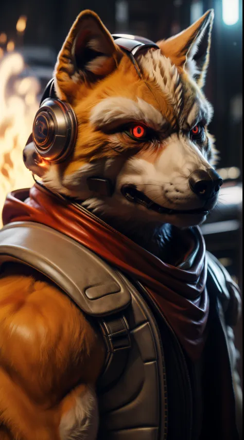 (best quality,16k,32k,highres,masterpiece:1.2),ultra-detailed,(realistic,photorealistic,photo-realistic:1.37),(The ultimate Orochi Fox Mccloud) glowing red eyes realistic fire background of totally destroyed Japan alone looking at the camera serious expres...
