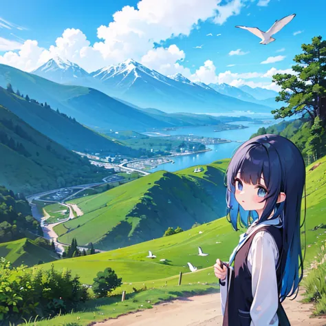 Top of the mountains、girl observing birds、Blue-haired、Birds are flying、Beautiful mountain、soothing