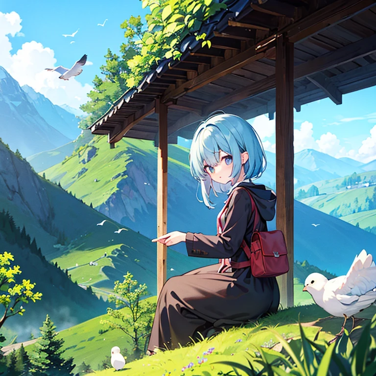 Top of the mountains、girl observing birds、Blue-haired、Birds are flying、Beautiful mountain、soothing