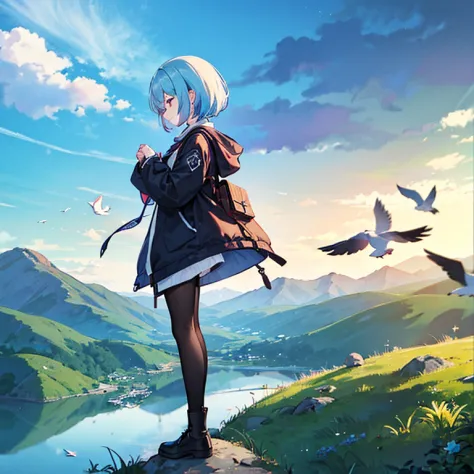 Top of the mountains、girl observing birds、Blue-haired、Birds are flying、Beautiful mountain、soothing