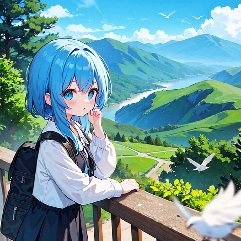 Top of the mountains、girl observing birds、Blue-haired、Birds are flying、Beautiful mountain、soothing