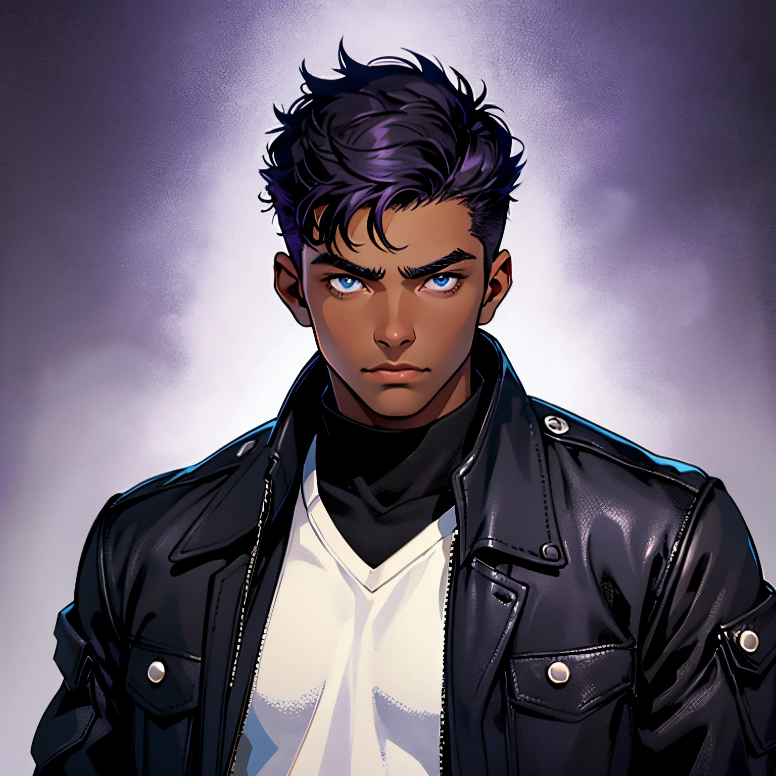 소년, 19 살, 위협적인, 멋있는, 검은 피부와 검은 머리 자르기, 파란 눈, 검은 재킷을 입는다, 뷰어를 본다. 배경은 어둡고 보라색입니다.