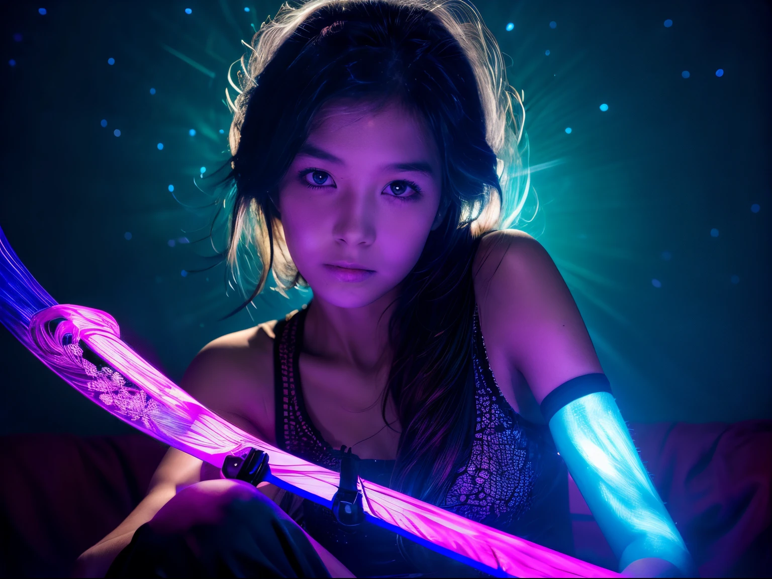 (​masterpiece), (((black light art))), realistic, a girl is sitting, fractal art, black light tattoo of flowers on arm