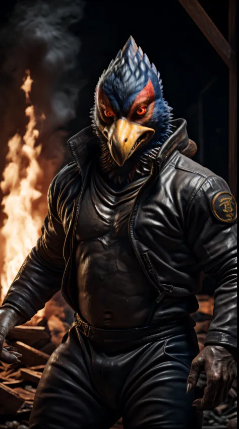 (best quality,16k,32k,highres,masterpiece:1.2),ultra-detailed,(realistic,photorealistic,photo-realistic:1.37),(The ultimate Orochi Falco) glowing red eyes realistic fire background of totally destroyed new Zealand alone looking at the camera serious expression brave and confident.