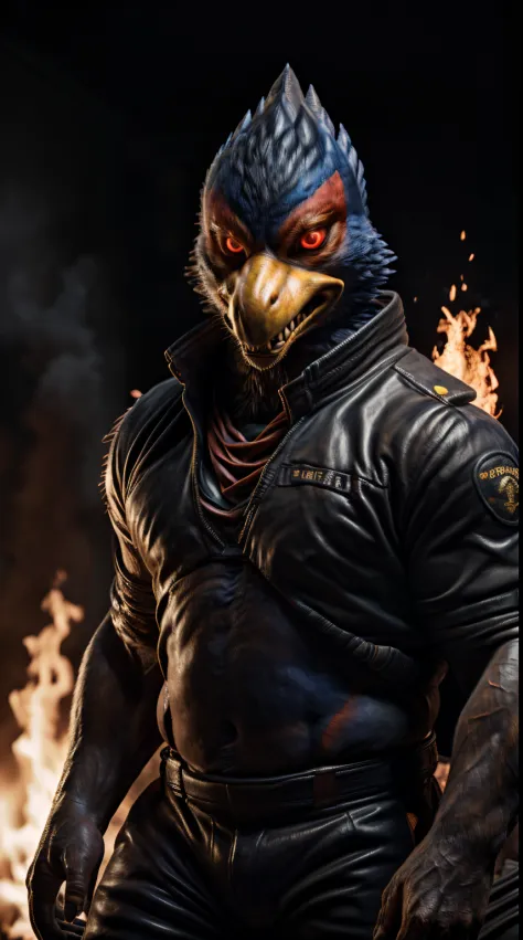 (best quality,16k,32k,highres,masterpiece:1.2),ultra-detailed,(realistic,photorealistic,photo-realistic:1.37),(The ultimate Orochi Falco) glowing red eyes realistic fire background of totally destroyed new Zealand alone looking at the camera serious expression brave and confident.