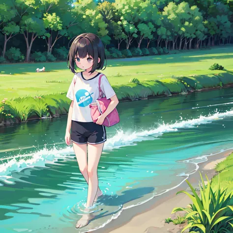 Junior high school girl、A dark-haired、White short-sleeved T-shirt、Blue Sports Shorts、thigh、play in a beautiful river、find fish、g...
