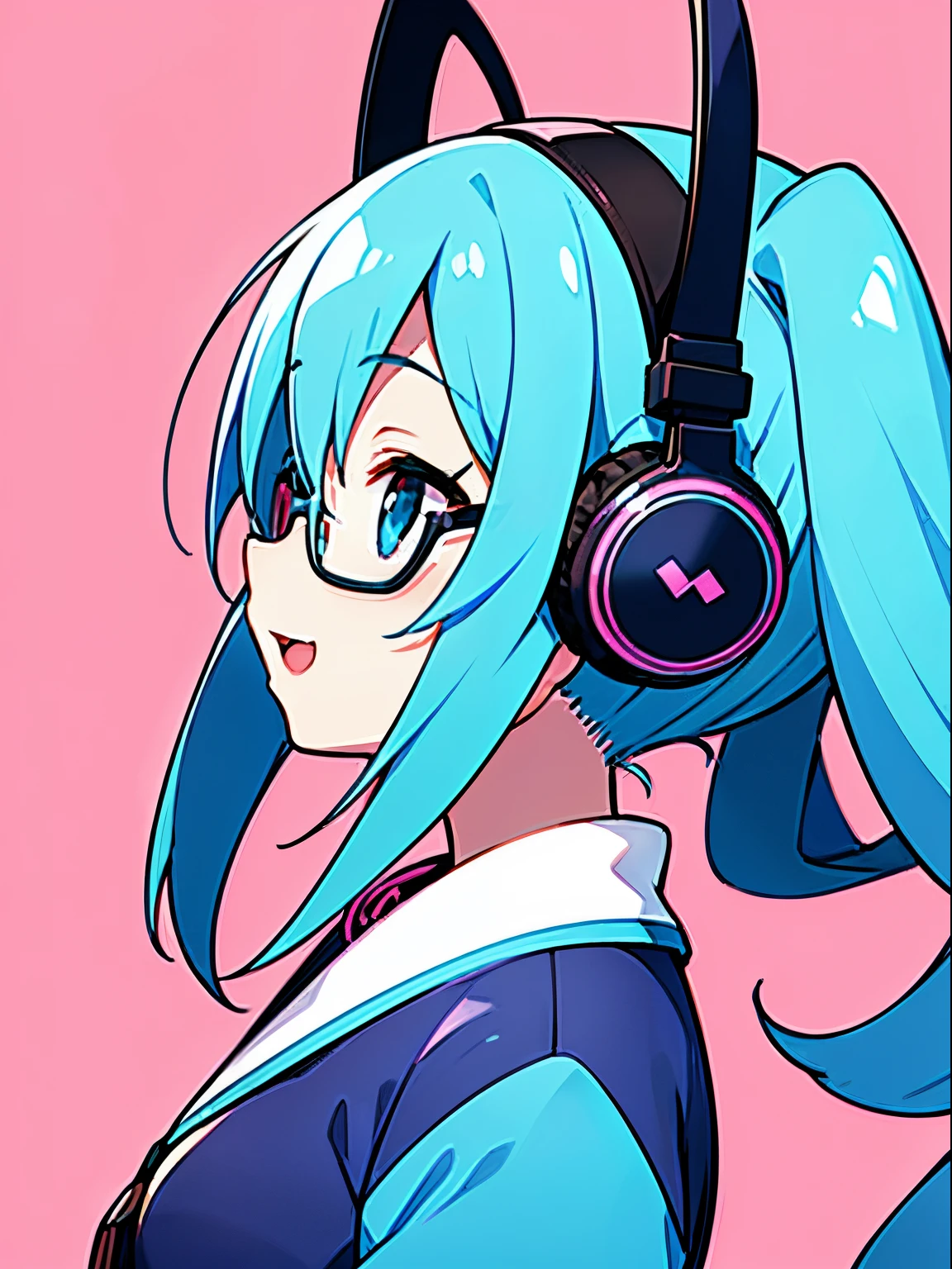 1beautiful girl、From Side、Turn your face to the side、The upper part of the body、profile、Smile with open mouth、(headphones)、Pop、Anime style、she is looking up diagonally、blue hairs、eye glasses、poneyTail、simple background、Bright pink background、