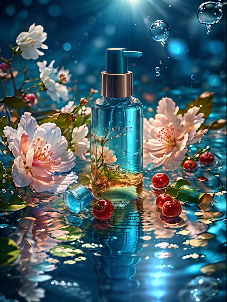 (best quality, 4k, 8k, high resolution, masterpiece), ultra-detailed, photorealistic, blender, ((makeup bottle)), cherry blossom wrapped around, blue sky background, water, sunlight, low perspective, product rendering