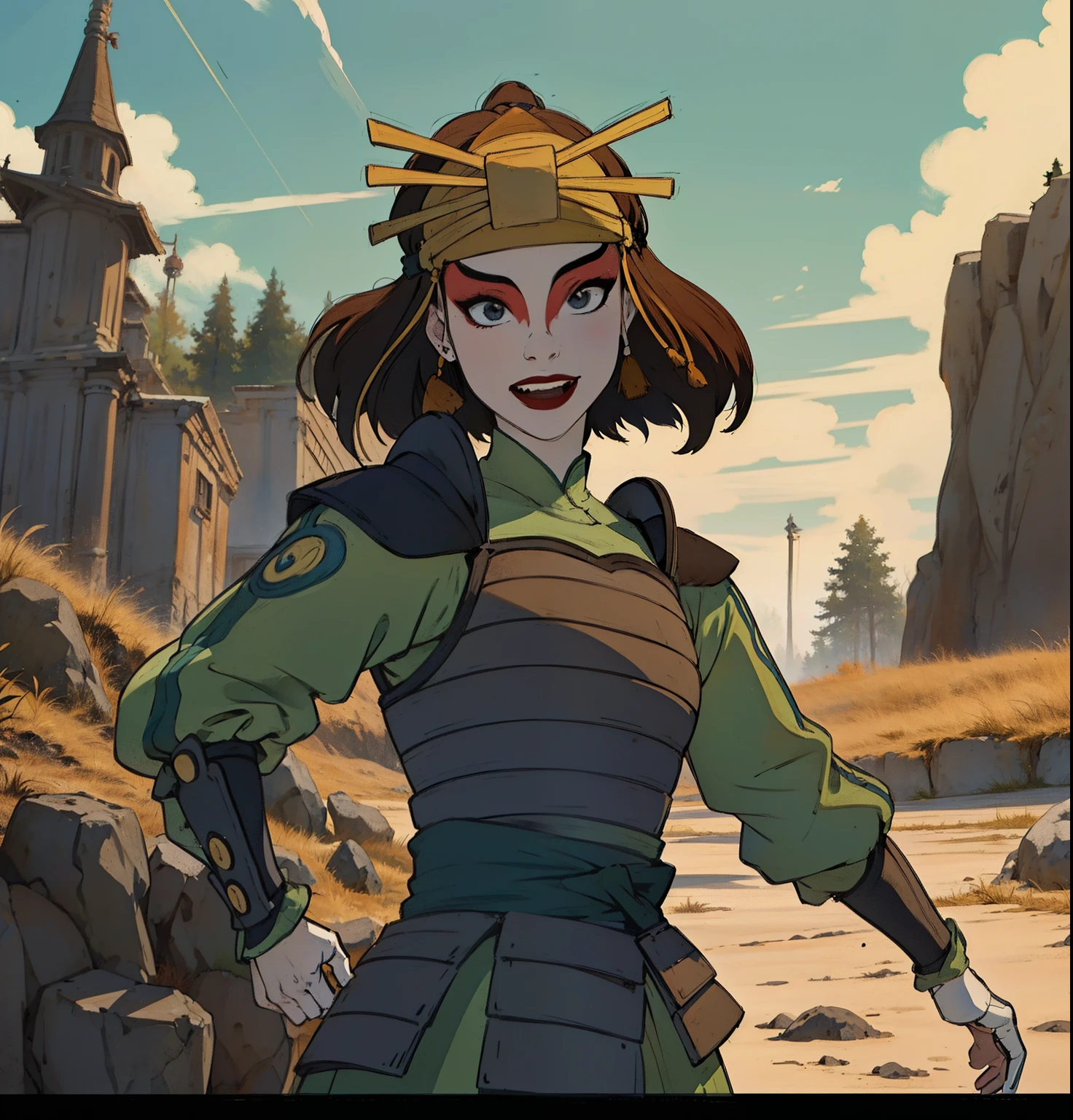 suki, 1 woman only, (Masterpiece), (The best quality), (ultrahigh resolution), Cartoon character, anime version, Amazing painting, beautiful sky, colors, nature, beautiful , Highly detailed image, brown hair, blue eyes, Kyoshi Guerrero, make-up, lipstick, armor, long sleeves, They are smiling, black gloves