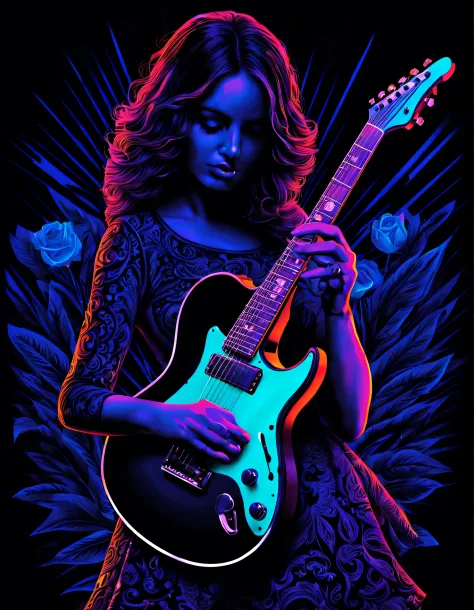 guitar，Black light poster art ，with black background