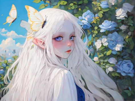 Albino butterfly girl standing, ((above waist)), (largeeyes, Eyes are delicate and beautiful, Beautiful and delicate face, full ...