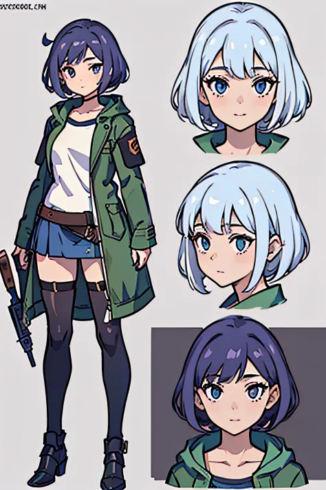 masterpiece, HD, ((8K)), model sheet, (masterpiece), (((best quality))), 8k, shading, detailed, shorthair, full body, expressive eyes, perfect face,smile,(((1girl))), jacket, stick weapon, (CharacterSheet:1), (multiple views, reference sheet:1)
