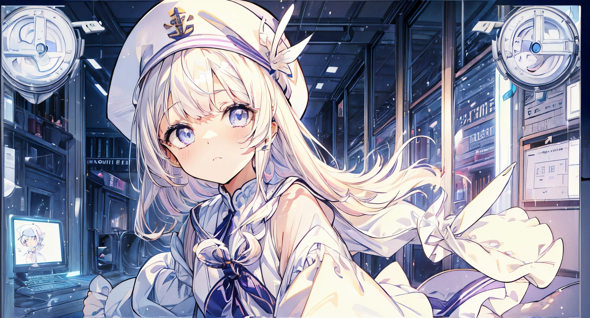 1girl in, Face, Looking at Viewer,masutepiece, (Best Quality:1.3), Extremely detailed, Light purple and white, ((White Sailor Uniform)), (((White hair)))、Sauce order、The eyes are blue eyes、((littlegirl))、(Long hair)、(((White Brim Cap)))、((White beret))、a miniskirt、frilld、Frill Knee Socks、School at dusk、stylish school interior、sunset hallway、tile hallway、((Second))、snow outside the window、Winters