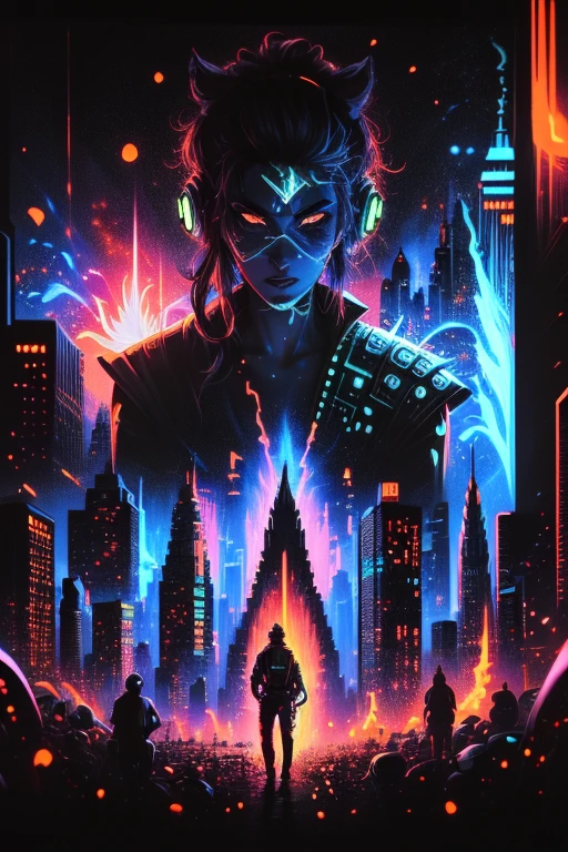 best quality, masterpiece, highres, an extremely detailed, photorealistic, (Black Light Art:1.4), Blacklight, anime guy with two swords in his hand and a city in the background, cyberpunk art style, portrait of a cyberpunk samurai, in cyberpunk style, cyberpunk shading, cyber space cowboy, cyberpunk artstyle, synthwave art style ]!!, [ synthwave art style ]!! ]!!, [ synthwave art style ]!!, synthwave art style, cyberpunk samurai