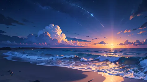 (illustrations : 1.0), Epic composition, photorealistic lighting, HD detail, ​masterpiece, Best quality at best, (Highly detailed CG integrated 8k wallpaper) , Blue Ocean, sand, islands on the horizon, moonlit night, clouds, night sky