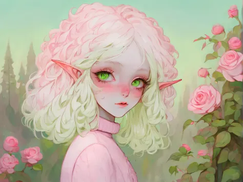 albino elf girl station, ((above waist)), shot from far away, (largeeyes, eyes are delicate and beautiful, beautiful and delicat...