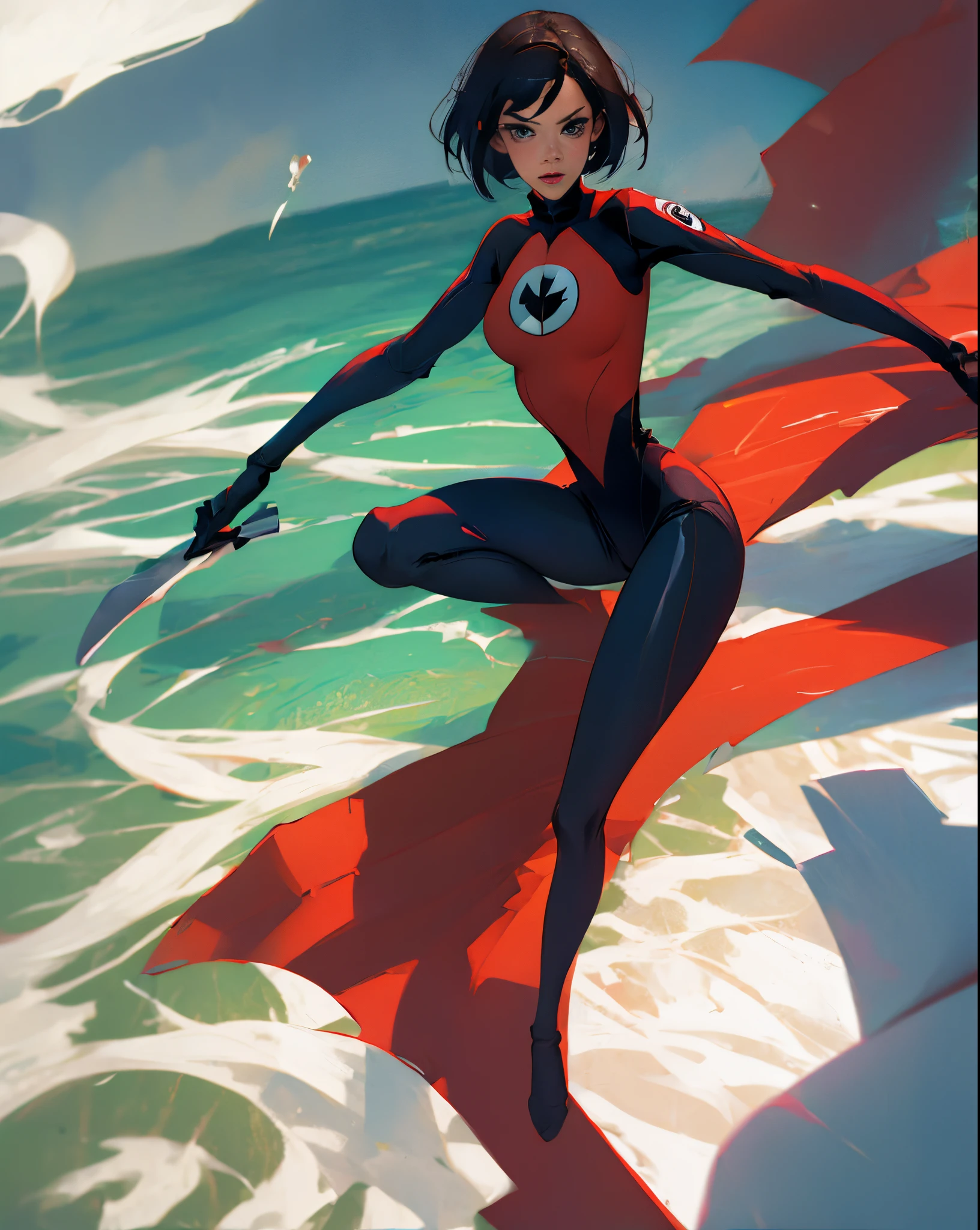 A woman in a red and black suit is flying over the ocean - SeaArt AI