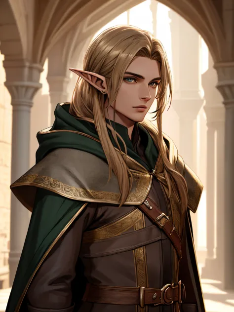(masterpiece, Best Quality), (depth of fields:1.2) ((extremely realistic shadows, masterpiece, extremely detailed, photorealistic)), realistic, heroic fantasy art. medieval times, (22-year-old male) attractive face, elf-like ears, elf, short golden-blonde hair, diamond-shaped face, Caucasian skin, thin nose, sea-green eyes, slender but toned body, suit medieval archer, hooded cloak, cheerful appearance, elf forest background, trustworthy, royal lord, elf prince (main frame), center frame, graceful, lifesize 8.8k resolution, human hands, eerily full, graceful, near perfect, dynamic, highly detailed, character art sheet, concept art, smooth, positioned so that their bodies are symmetrical and balanced directly in front of the viewer, stunningly handsome English man in her early 20s, detailed hairstyles, detail, full body front view, 8k, hyperrealism, unreal engine 5, ultra hd, highly detailed, photorealistic, movie scene, super detailed, hyperrealistic, bright lights, hyperrealistic (masterpiece), realistic and detailed hairstyles, studio lighting, perfect anatomy.