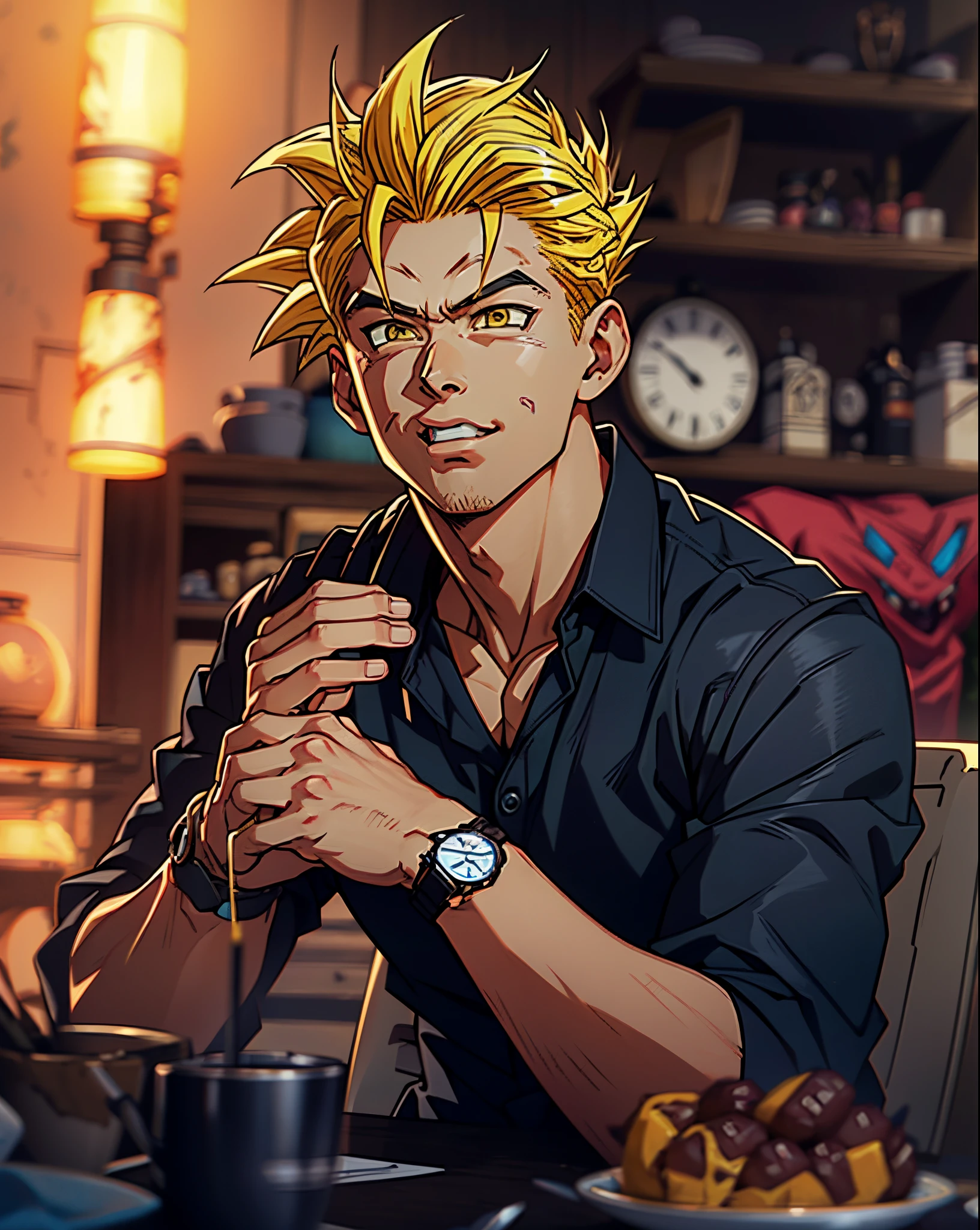 Un hombre jirafa con camisa negra sentado en una mesa con un reloj,Super Saiyan,(pelo rubio:1.5), ((Cabello amarillo:1.5)),Super Saiyan goku, super sayan, goku super sayian, Super Saiyan 3, going Super Saiyan, arte conceptual de dragon ball, estilo artístico de dragon ball, Fondo de pantalla manga 4k, goku de dragon ball, un anime épico de un hombre de energía, Fondo de pantalla animado 4K,sonrisa,