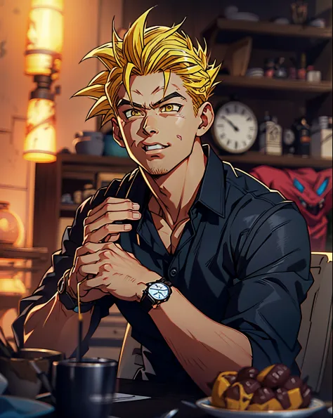 araffe man in black shirt sitting at table with a watch,super saiyan,(blond hair:1.5), ((yellow hair:1.5)),super saiyan goku, su...