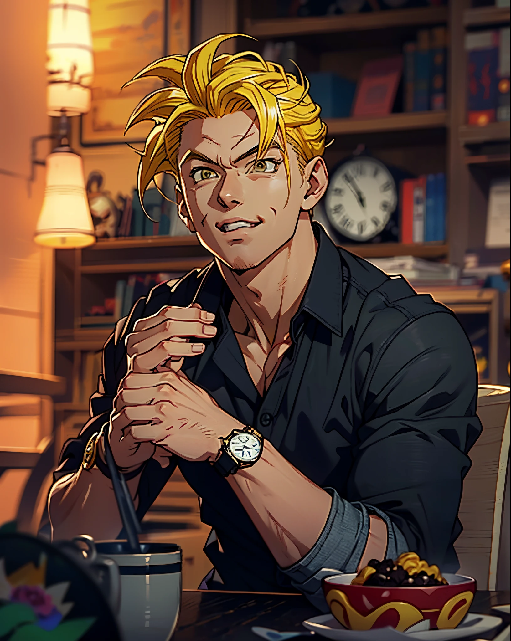 Un hombre jirafa con camisa negra sentado en una mesa con un reloj,Super Saiyan,(pelo rubio:1.5), ((Cabello amarillo:1.5)),Super Saiyan goku, super sayan, goku super sayian, Super Saiyan 3, going Super Saiyan, arte conceptual de dragon ball, estilo artístico de dragon ball, Fondo de pantalla manga 4k, goku de dragon ball, un anime épico de un hombre de energía, Fondo de pantalla animado 4K,sonrisa,