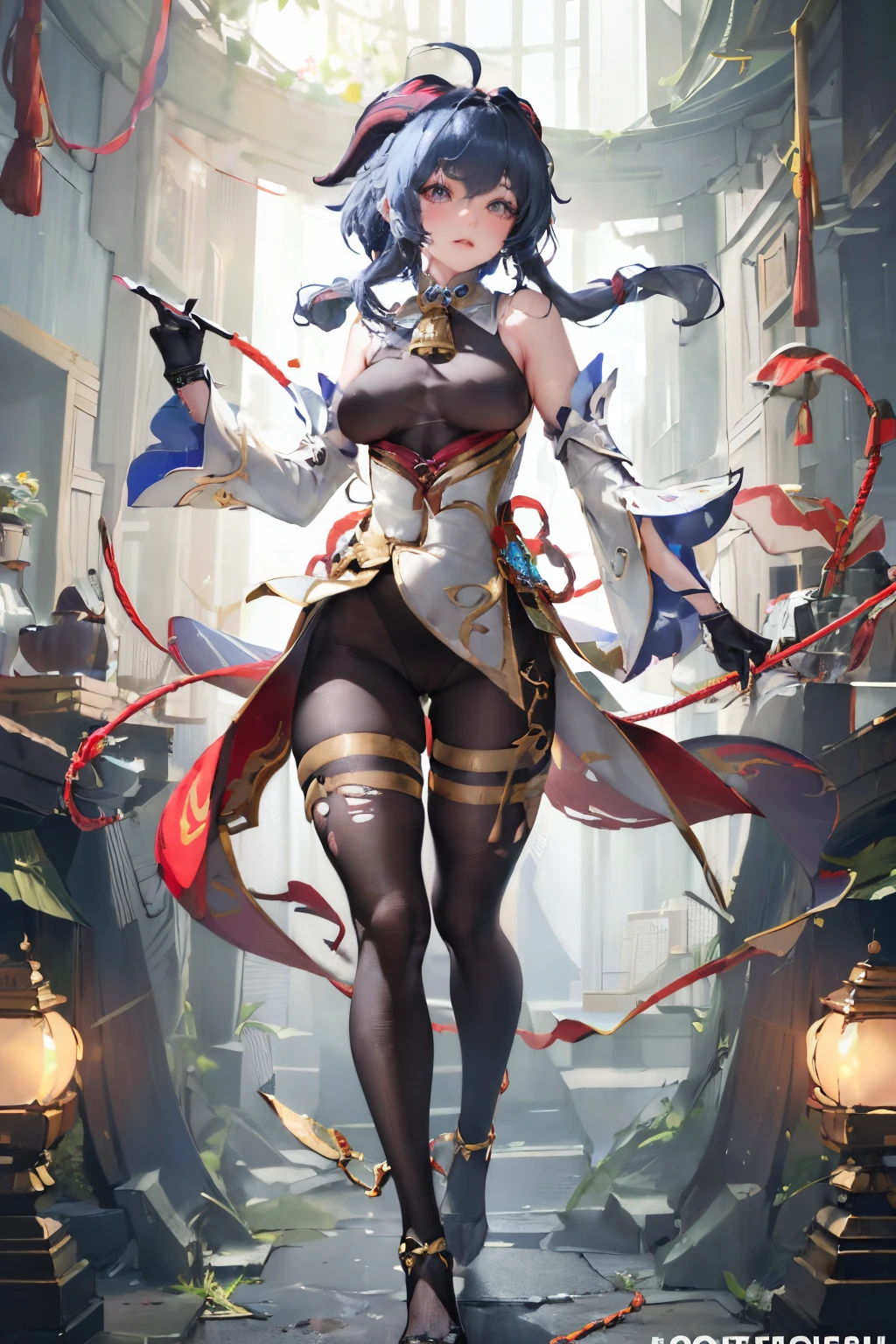 (photorealistic:1.4), (masterpiece, sidelighting, finely detailed beautiful eyes: 1.2), masterpiece*portrait, realistic, 3d face, 
ganyu \(genshin impact\), 1girl, ahoge, architecture, bangs, bare shoulders, bell, black gloves, black pantyhose, (blue hair), blush, breasts, chinese knot, detached sleeves, flower knot , gloves, horns, long hair, looking at viewer, medium breasts, neck bell,full body,thick thighs, torn clothes , ripped clothes  ,nipslip , slime attack,  entangling her body , boobs hold by slime,  tentacles in her vagina,