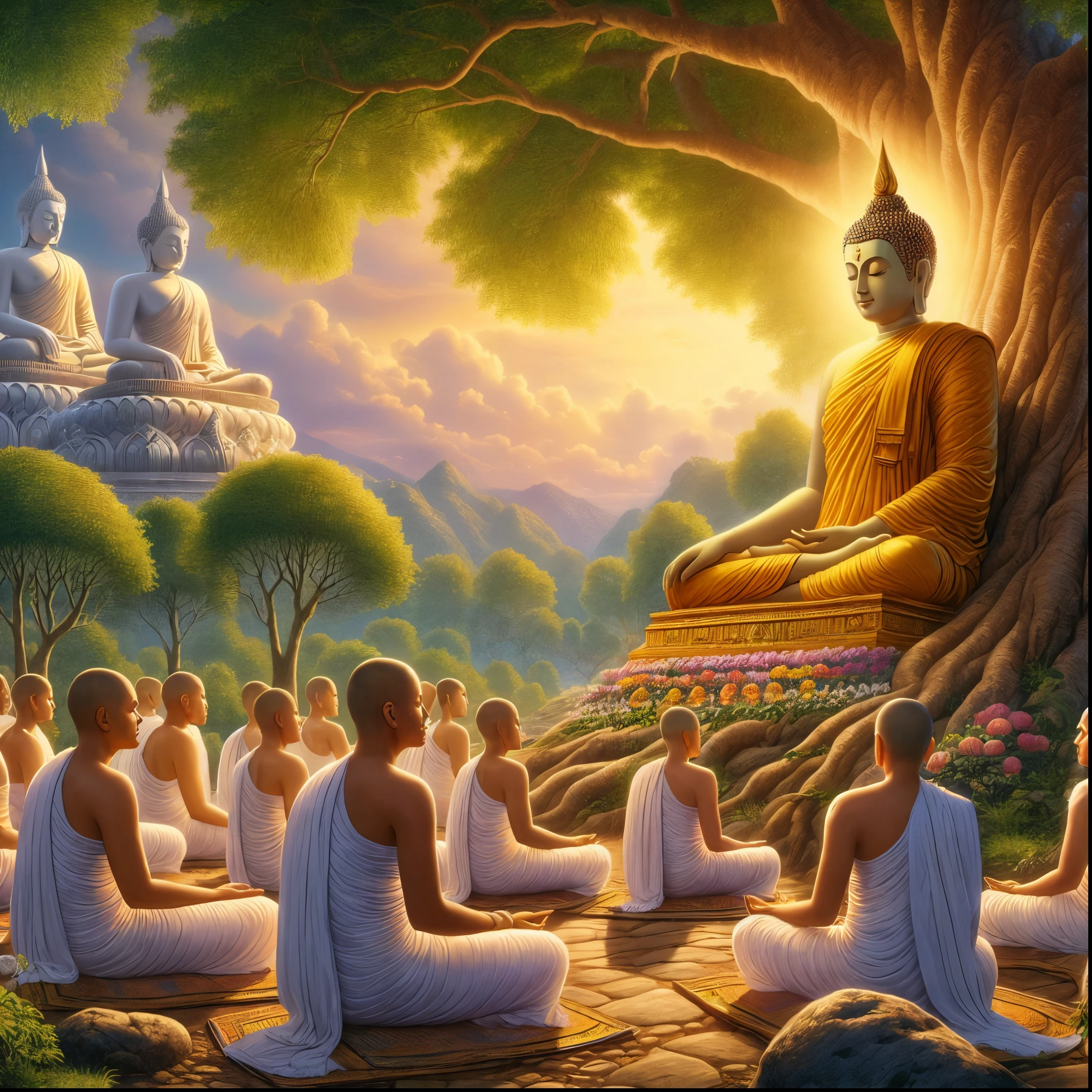 Buddhas sitting in meditation under a tree in a forest - SeaArt AI