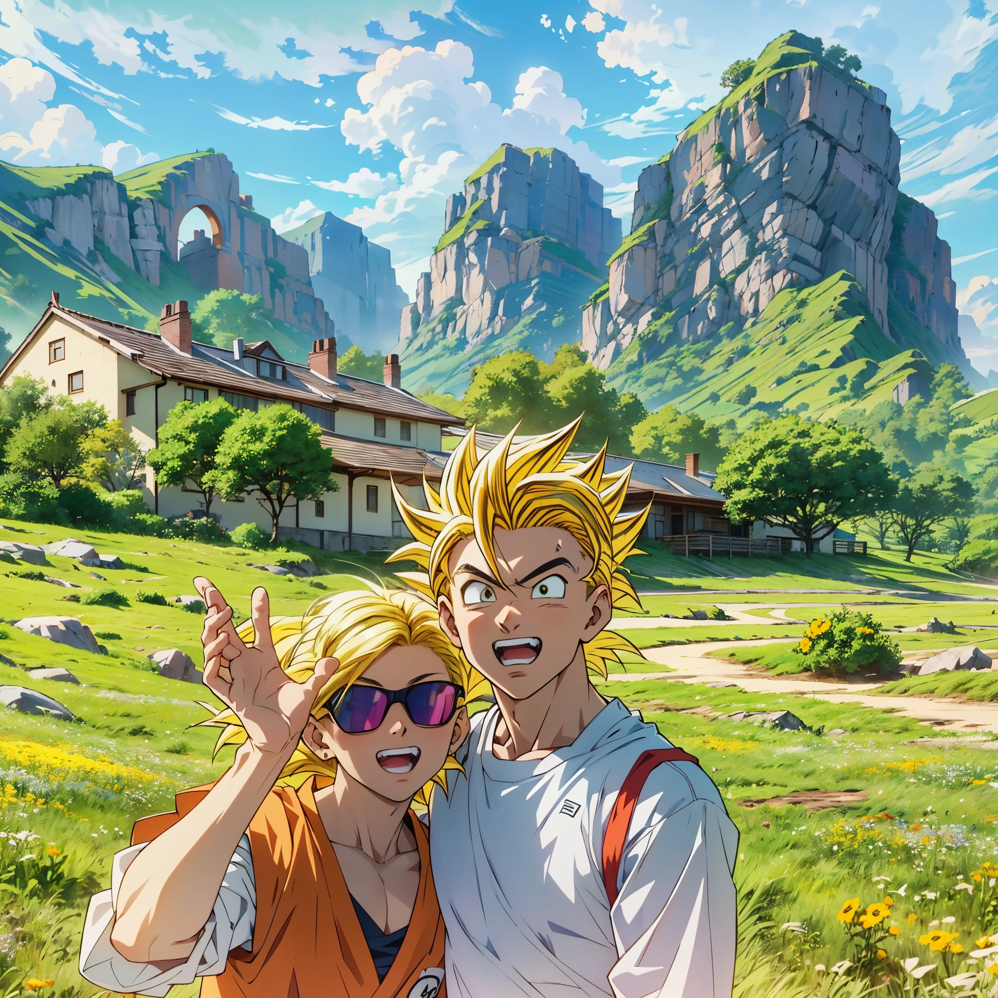 there are two people standing in a field with mountains in the background, super saiyan,(blond hair:1.5), ((yellow hair:1.5)),super saiyan goku, super sayan, super sayian goku, super saiyan 3, going super saiyan, dragon ball concept art, dragon ball artstyle, 4 k manga wallpaper, goku from dragon ball, an epic anime of a energy man, 4k anime wallpaper,smile,