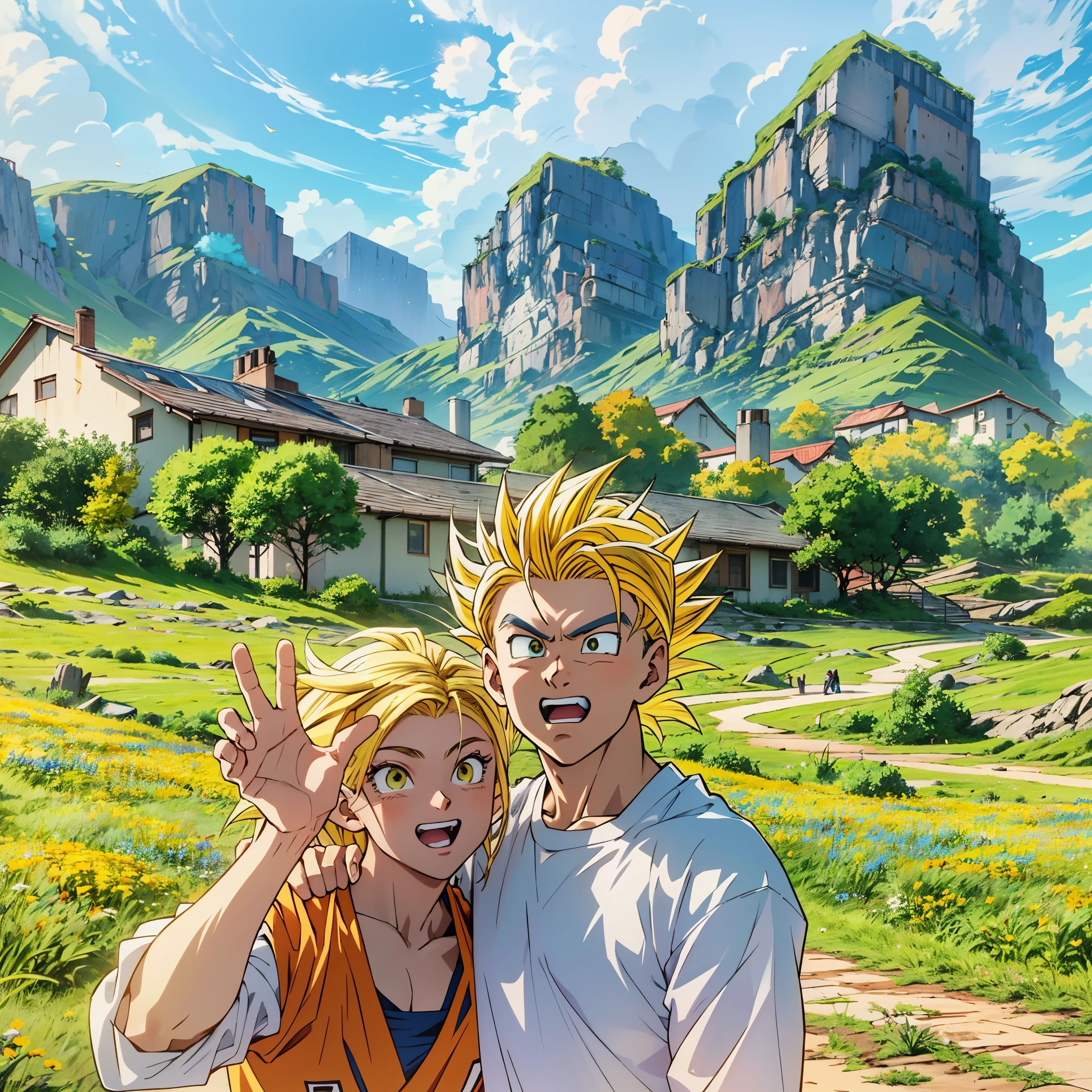 il y a deux personnes debout dans un champ avec des montagnes en arrière-plan, super saiyan,(cheveux blonds:1.5), ((Cheveux blonds:1.5)),Goku Super Saiyan, super chéri, Goku Super Sayian, super saiyan 3, je deviens super saiyan, art conceptuel de boule de dragon, style artistique de boule de dragon, Fond d&#39;écran manga 4K, Goku de Dragon Ball, un anime épique d&#39;un homme énergétique, Fond d&#39;écran animé 4K,sourire,