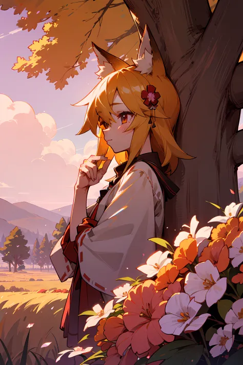 a  girl, fox ears, field. super detailed, detailed ears, detail eyes, girls 4k, detailed flowers, beautiful clouds, detailed blo...