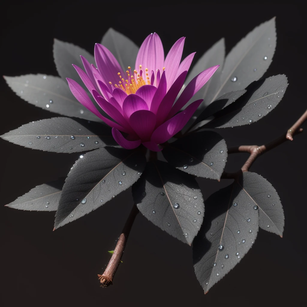 Generate a high quality detailed close-up image of a beautiful exotic flower on a dark brown branch with water droplets reflecting light set against a blurry dark gray and dark slate colored background High definition, high contrast image. deviant art, 3d rendering, 12k, high resolution, highly detailed, bright color, close-up view, blurred background, 105mm, f2.8