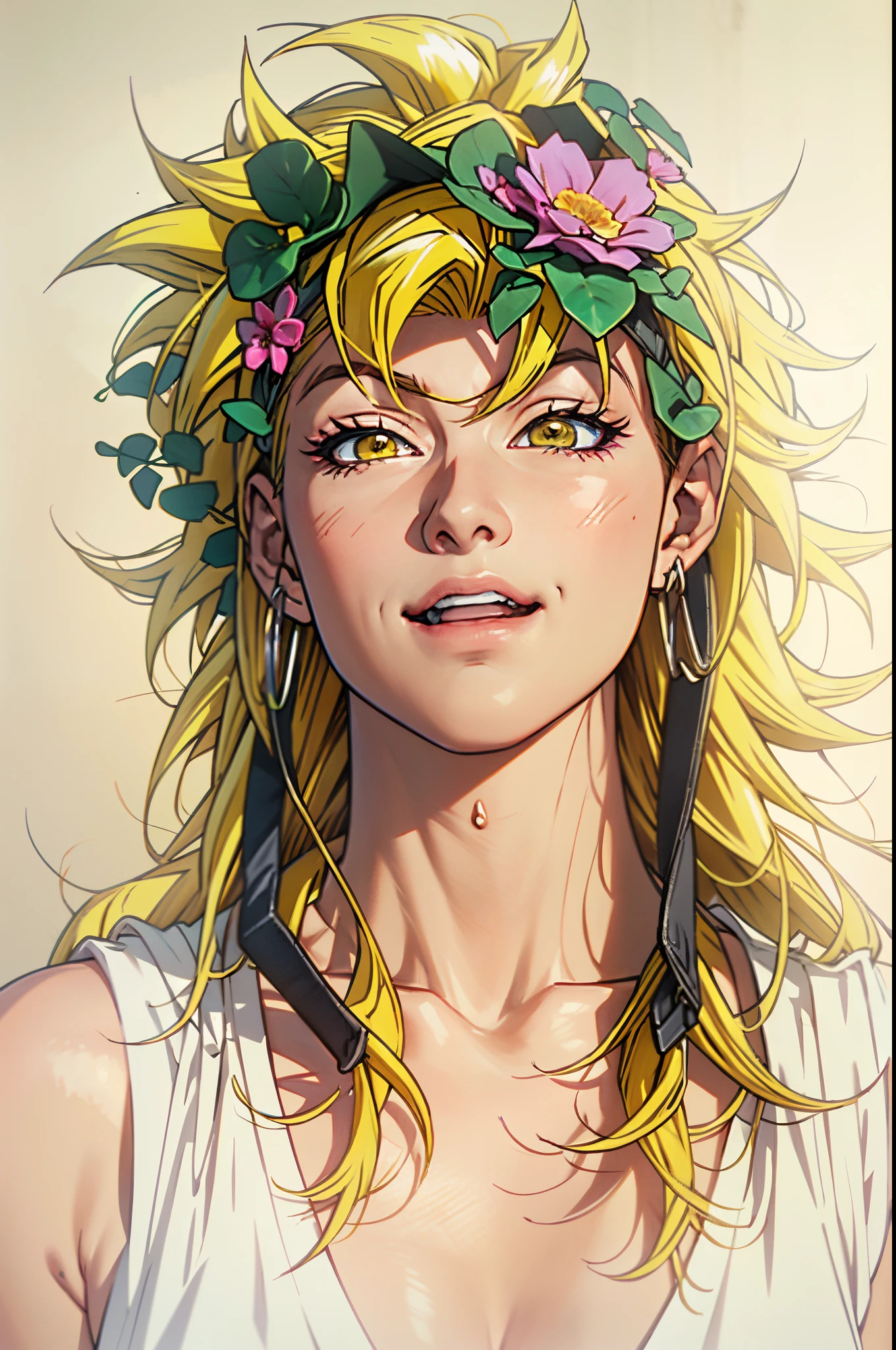 there is a woman with a flower crown on her head, super saiyan,(blond hair:1.5), ((yellow hair:1.5)),super saiyan goku, super sayan, super sayian goku, super saiyan 3, going super saiyan, dragon ball concept art, dragon ball artstyle, 4 k manga wallpaper, goku from dragon ball, an epic anime of a energy man, 4k anime wallpaper,smile,