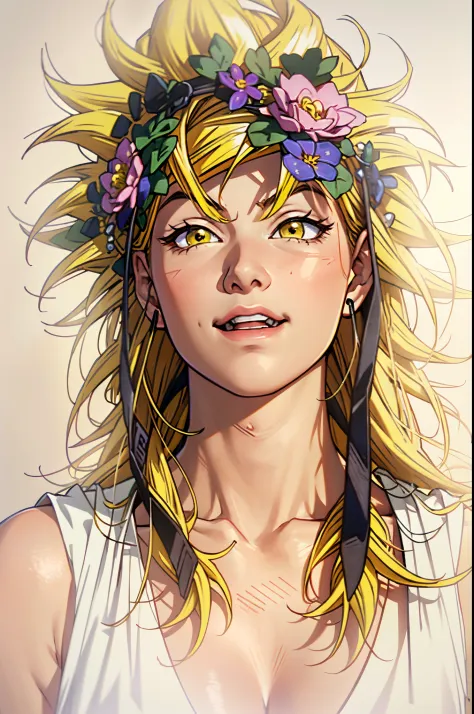 there is a woman with a flower crown on her head, super saiyan,(blond hair:1.5), ((yellow hair:1.5)),super saiyan goku, super sa...