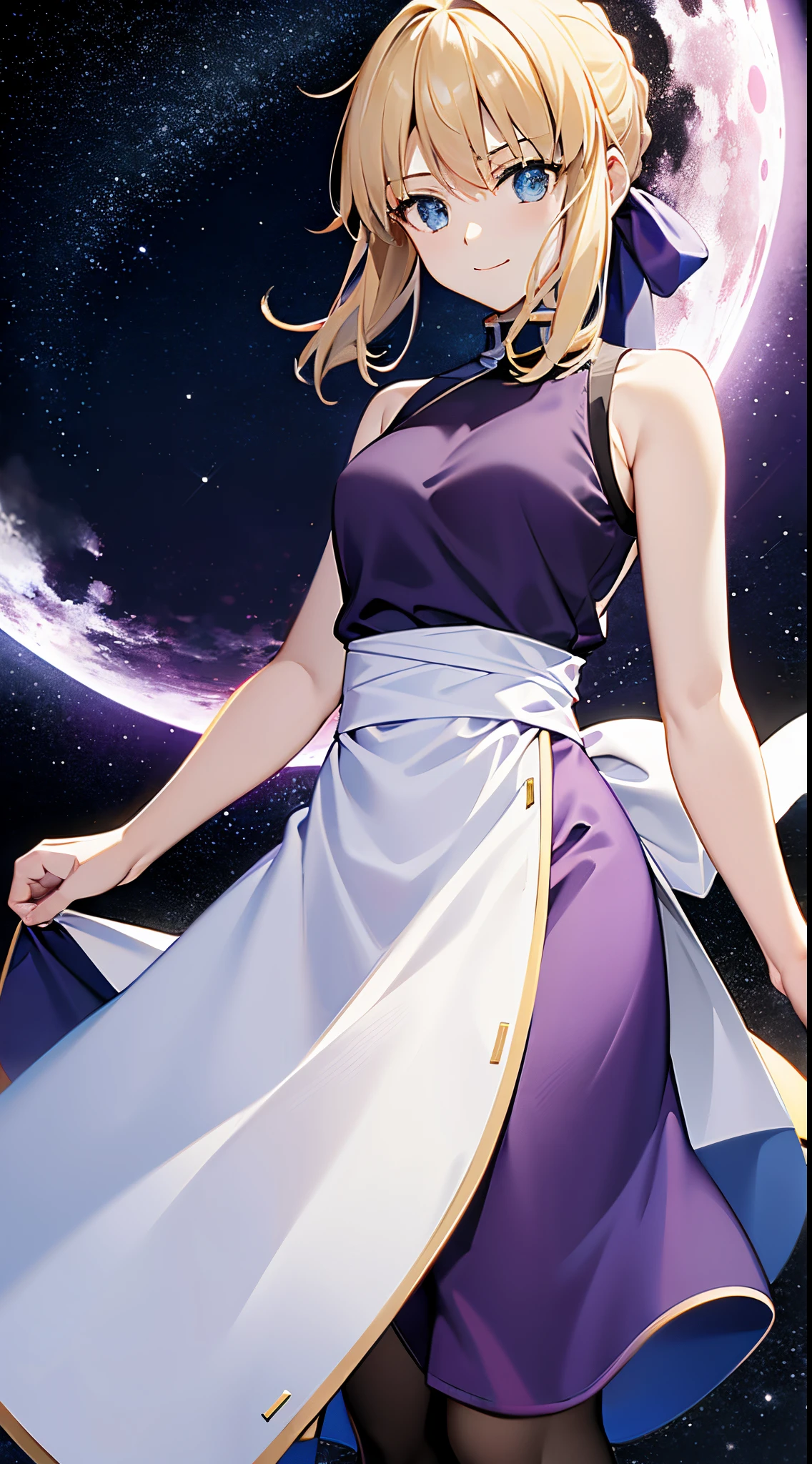 1 girl , solo , saber , fate stay night , smile ,blonde hair , Beautiful blue eyes, purple top shirt , purple skirt and leggings , falling from night sky , big white bright shining moon background , masterpiece , high quality