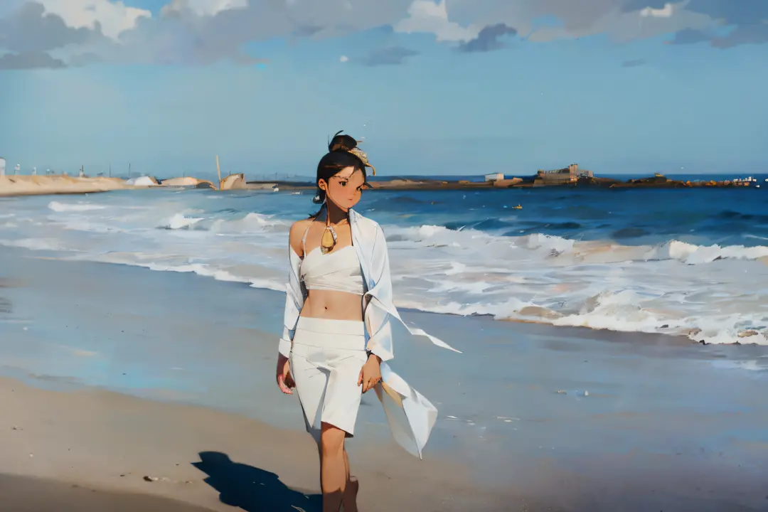 beautiful sandy beach, white apparel, femele, sandbeach, crystal-clear water, gentle waves, palmeiras, colorful beach umbrella, ...