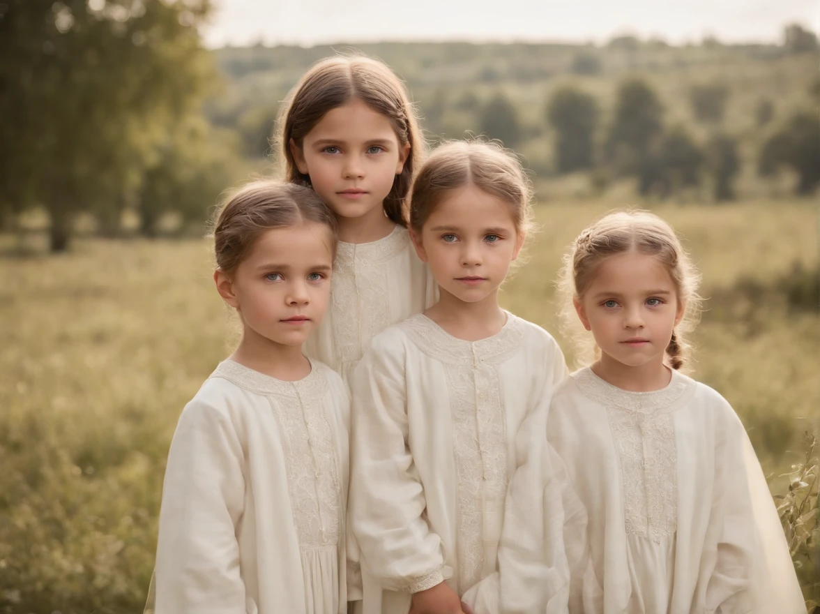 Crea una imagen realista de los 3 niños pastores que vieron a Nuestra Señora de Fátima.. 2 niñas y 1 niño. imagen perfecta. ultra realista. hermosos niños. ojos expresivos