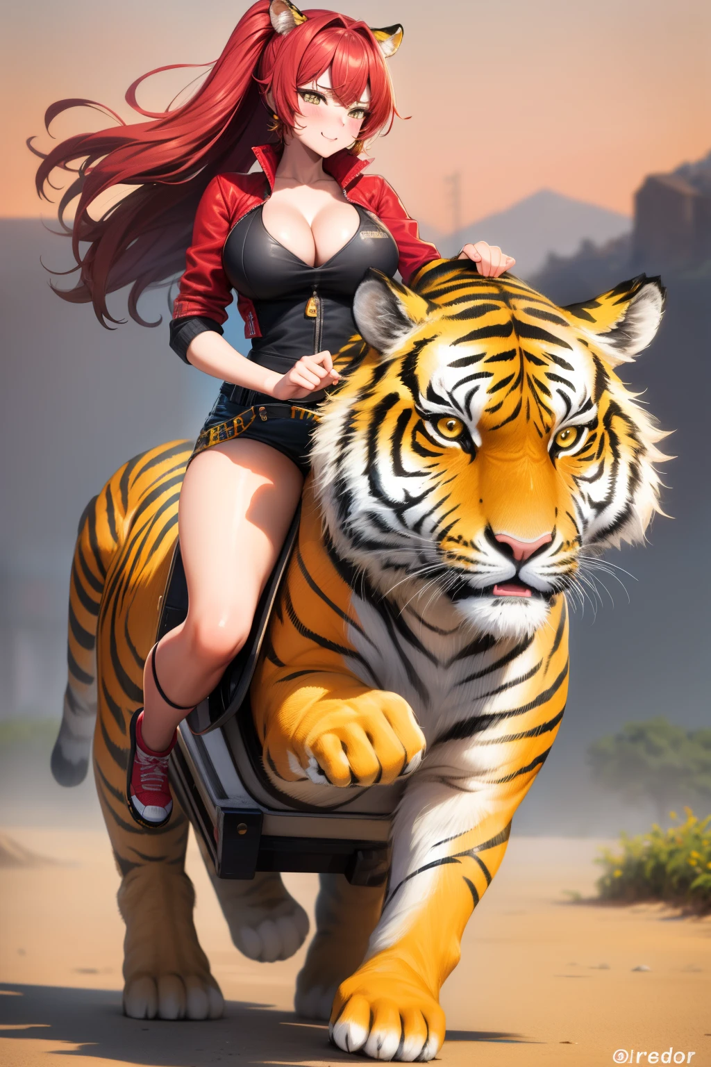 A woman riding a tiger with a gun on her back - SeaArt AI