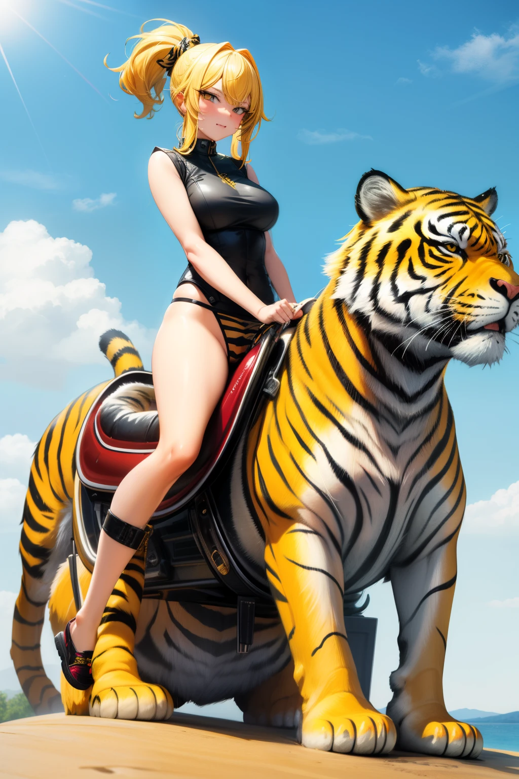 Anime girl riding a tiger on a beach with a blue sky - SeaArt AI